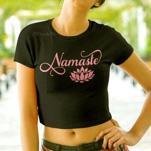 🆕Namaste Lotus Flower Shirt Black Fitted Crop Top Tee